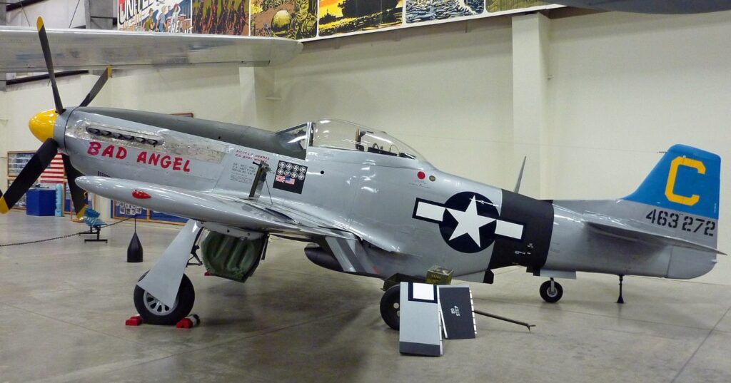 P-51 Mustang Bad Angel replica on display indoors at Pima Air & Space Museum