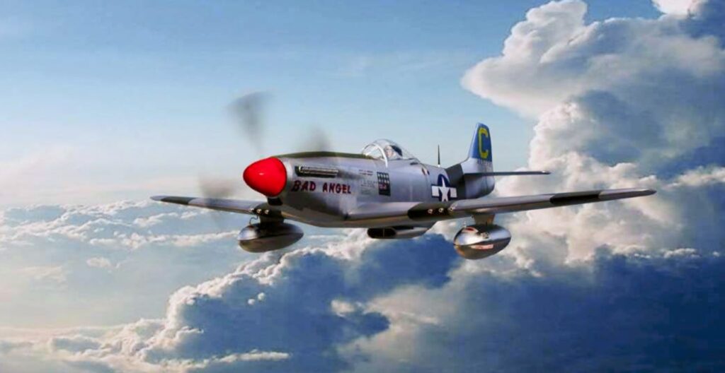 P-51 Mustang “Bad Angel” flying through clouds, WWII fighter piloted by Lt. Louis Curdes