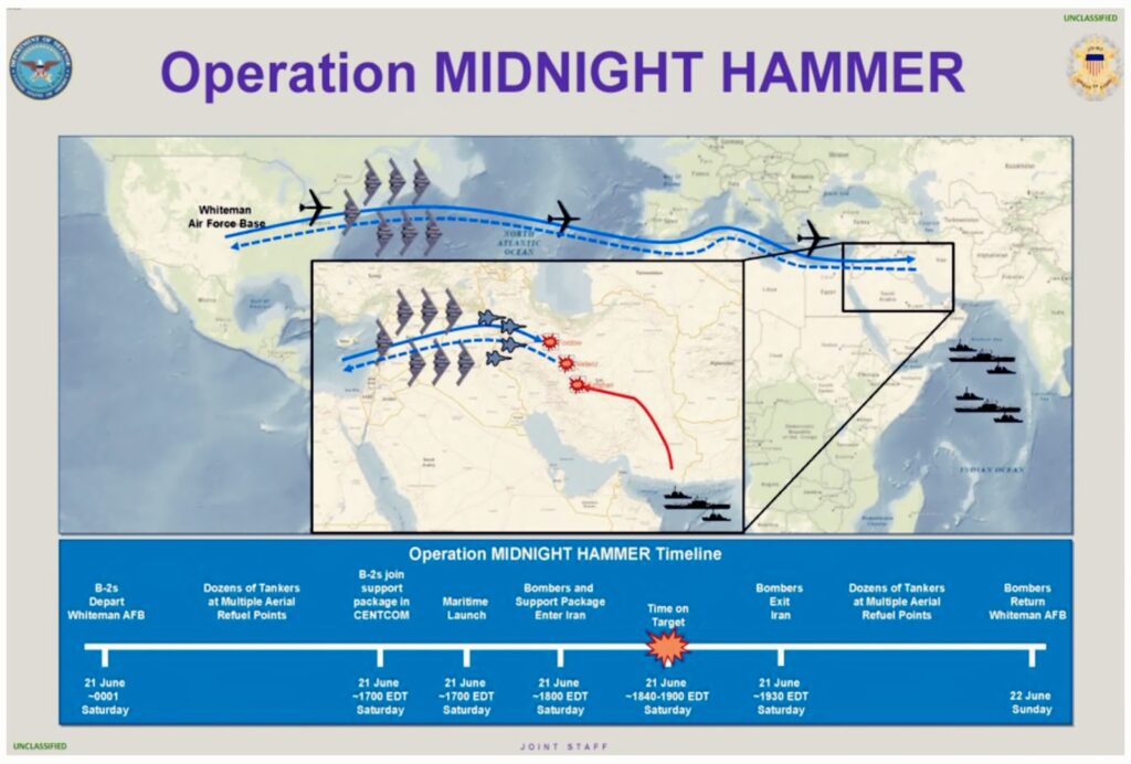 Flight path of B-2 bombers during Operation Midnight Hammer, showing launch from Whiteman Air Force Base, aerial refueling points, and strike on Fordow nuclear facility in Iran.