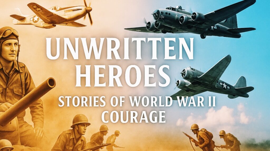 Digital artwork showing WWII American soldiers, P-51 Mustang, B-17 bombers, and battlefield scenes with the text: Unwritten Heroes – Stories of World War II Courage