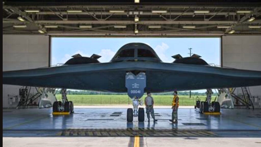 B-2 Spirit bomber undergoing maintenance in hangar at Whiteman Air Force Base