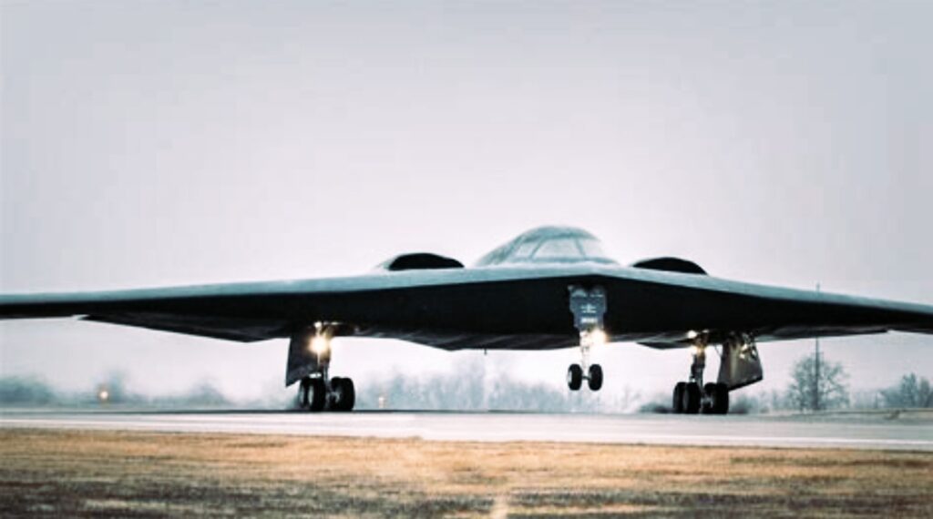 Front view of B-2 Spirit stealth bomber landing at Whiteman Air Force Base, Missouri
